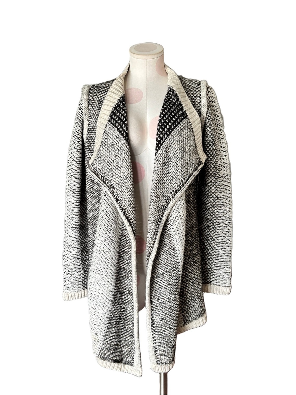 VILA Chunky Knit Cardigan Cream Black Open Front Longline Small